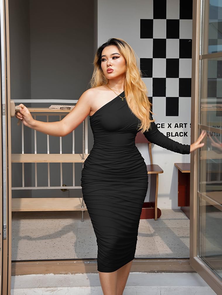 LAGSHIAN Women's Elegant Bodycon One Shoulder Long Sleeve Ruched Midi Cocktail Party Dress Black - Image 3