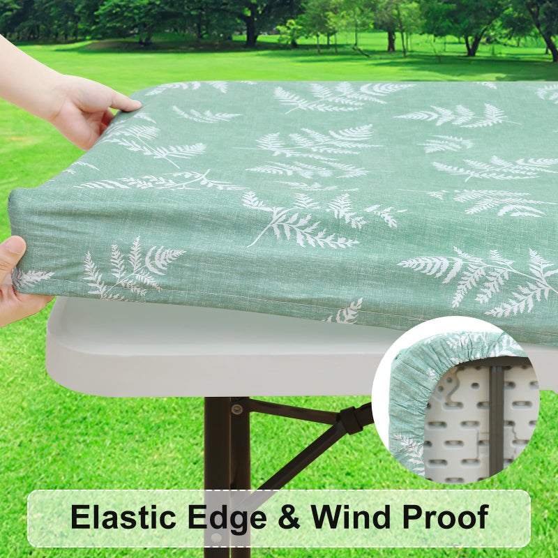 misaya Rectangle Vinyl Tablecloth, Fitted Table Cover, 100% Waterproof, Elastic Edge, Plastic Table Cloth Fit 6 Foot Folding Tables for Picnic, Camping, Outdoor (Light Green Leaves, 30x72 inch) - Image 2