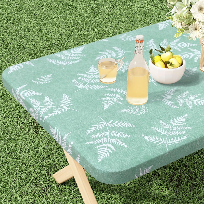 misaya Rectangle Vinyl Tablecloth, Fitted Table Cover, 100% Waterproof, Elastic Edge, Plastic Table Cloth Fit 6 Foot Folding Tables for Picnic, Camping, Outdoor (Light Green Leaves, 30x72 inch) - Image 1