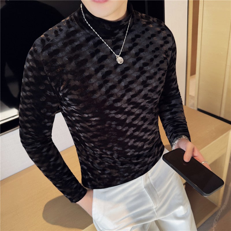 Men'S Clothing New Bottoming Shirt Gold Velvet Mid-Collar Long Sleeve T-Shirt Men'S Elastic Semi-High Collar Slim-Fit Inner T-Shirt