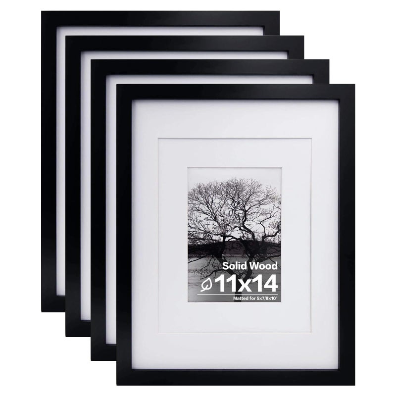 Egofine 11x14 Picture Frames Set of 4, Made of Solid Wood Covered by Plexiglass 5x7 and 8x10 with Mat or 11x14 without Mat, for Table Top Display and Wall Mounting Photo Frame Black - Image 1