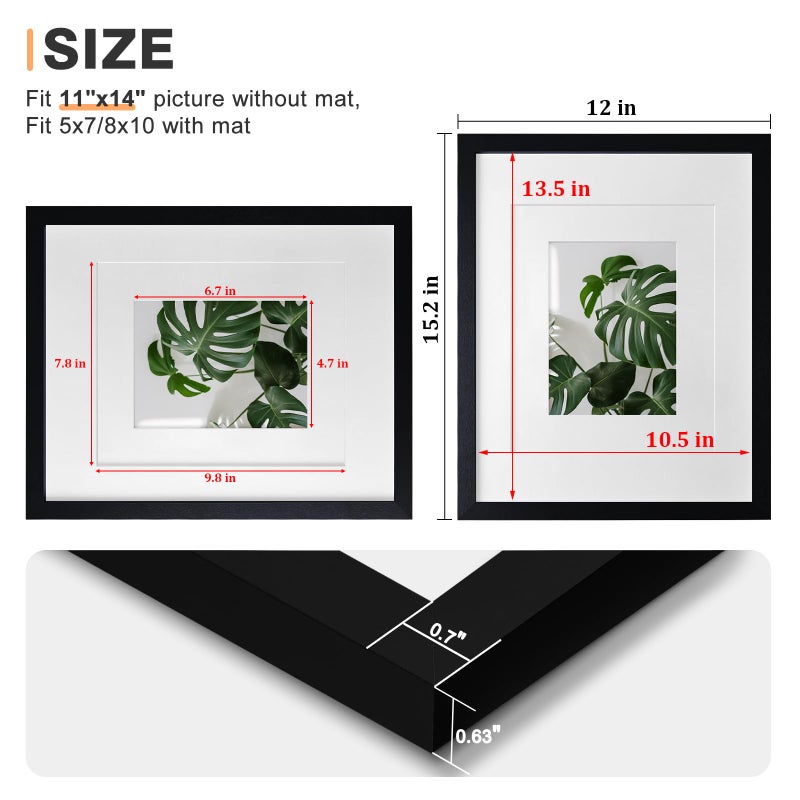 Egofine 11x14 Picture Frames Set of 4, Made of Solid Wood Covered by Plexiglass 5x7 and 8x10 with Mat or 11x14 without Mat, for Table Top Display and Wall Mounting Photo Frame Black - Image 4