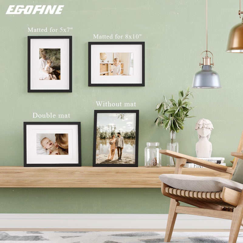 Egofine 11x14 Picture Frames Set of 4, Made of Solid Wood Covered by Plexiglass 5x7 and 8x10 with Mat or 11x14 without Mat, for Table Top Display and Wall Mounting Photo Frame Black - Image 5