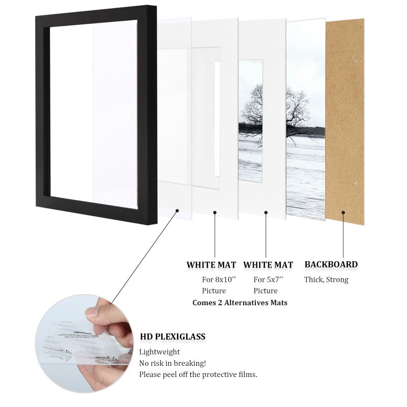 Egofine 11x14 Picture Frames Set of 4, Made of Solid Wood Covered by Plexiglass 5x7 and 8x10 with Mat or 11x14 without Mat, for Table Top Display and Wall Mounting Photo Frame Black - Image 3