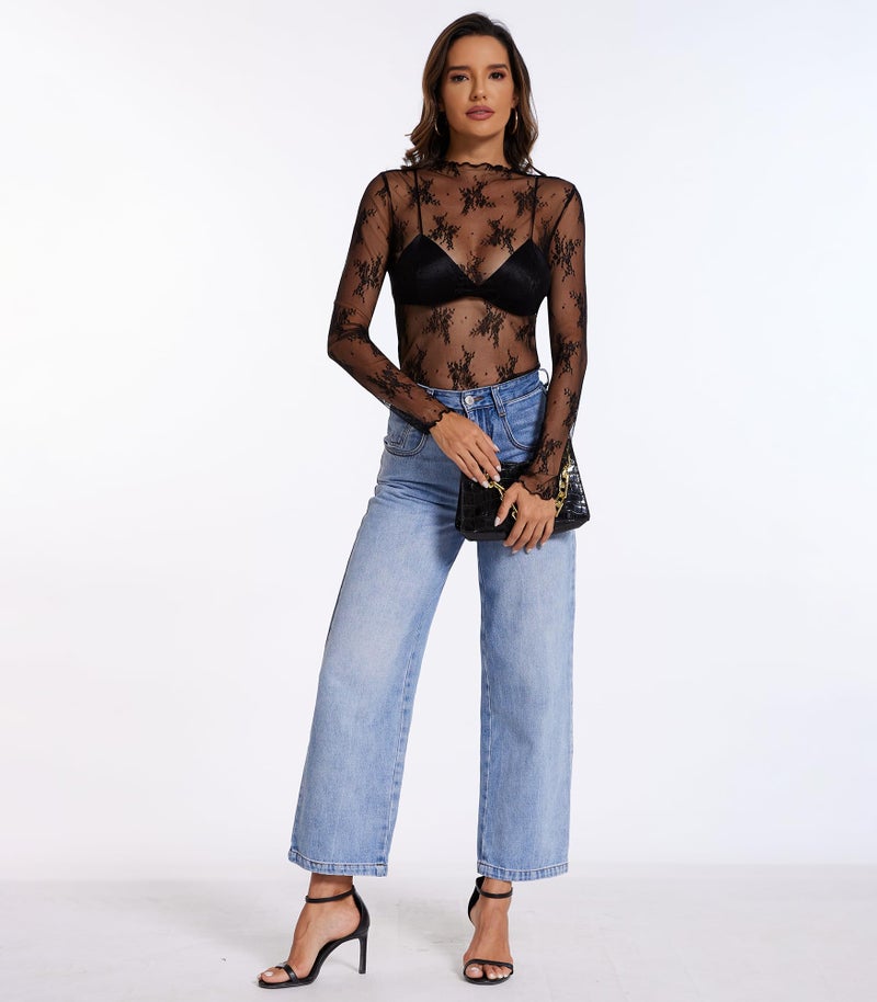 MOHHOM Womens Lace Long Sleeve Mesh Top Mock Neck Sheer Blouse See Through Floral Layering Shirt(Black, Large) - Image 4