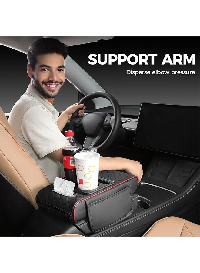 MLADEN Car Armrest Cushion, 5-in-1 Center Console Cover with 2 Storage Bags Cup Holder, Tissue Box Slot, Phone Slot for Sedans, Waterproof Leather Arm Rest Protector Cushion, Car Accessories Interior Organizers - Image 4