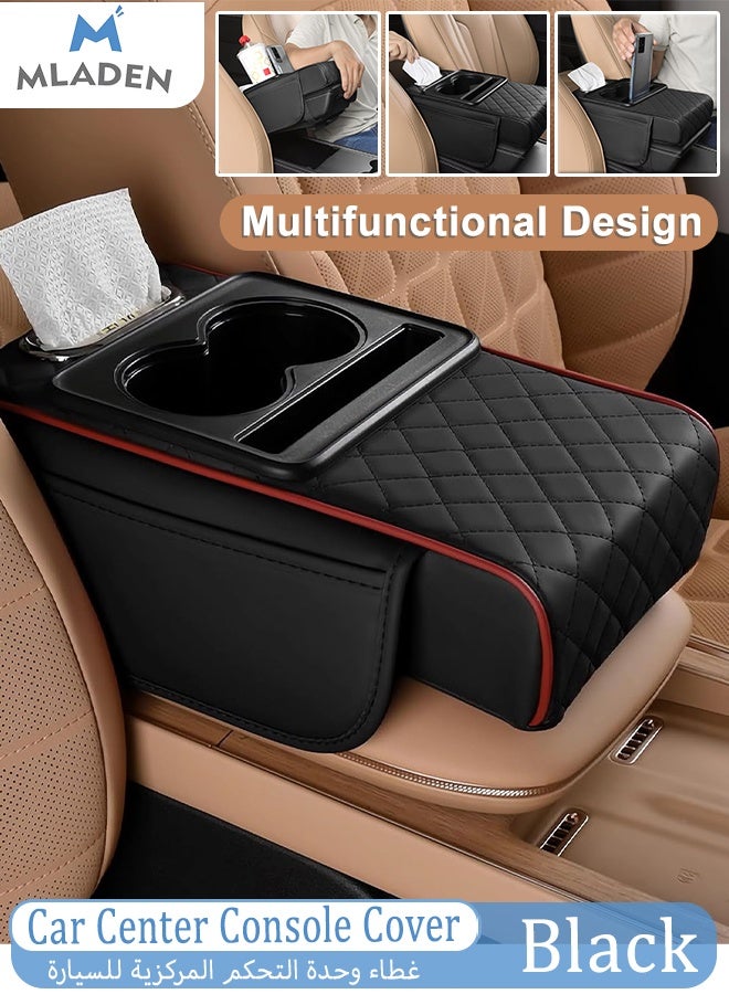 MLADEN Car Armrest Cushion, 5-in-1 Center Console Cover with 2 Storage Bags Cup Holder, Tissue Box Slot, Phone Slot for Sedans, Waterproof Leather Arm Rest Protector Cushion, Car Accessories Interior Organizers - Image 1