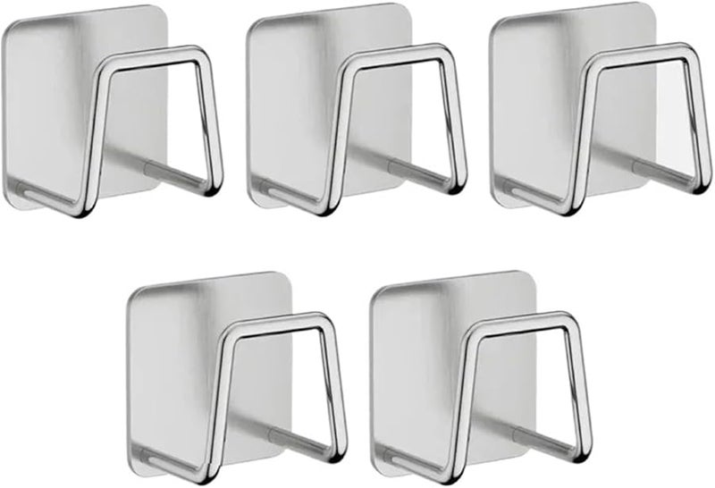 حامل إسفنجة من الفولاذ المقاوم للصدأ ذاتية اللصق، رف تجفيف مثبت على الحائط، 5 قطع، فضي - Image 1