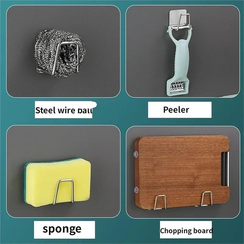 حامل إسفنجة من الفولاذ المقاوم للصدأ ذاتية اللصق، رف تجفيف مثبت على الحائط، 5 قطع، فضي - Image 5