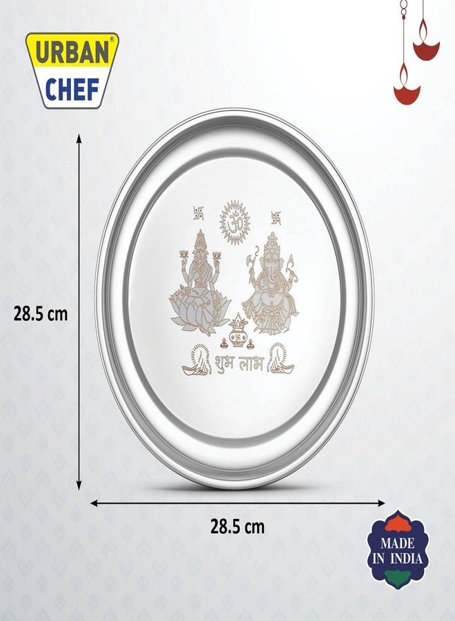 URBAN CHEF طبق بوجا تقليدي من الفولاذ المقاوم للصدأ من أوربان شيف، منقوش عليه لاكشمي وغانيش في وسط الطبق (28.5 سم) - Image 1