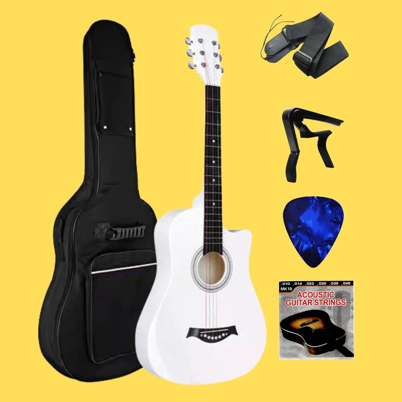 Megarya 38-Inch Acoustic Guitar Starter Pack - Full-Size Cutaway Design for Beginners & Students (White)