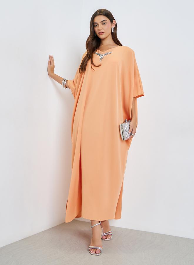 Amirah Orange Embellished Loose Kaftan - Image 1