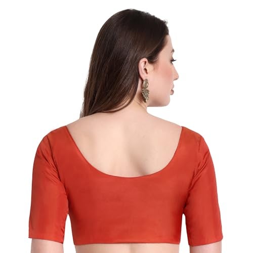 JISB Silk Cotton Saree Blouse, Elbow Length Sleeves, Round Neck, Front Hook and Eye, Plain Design (Red, L) - Image 3