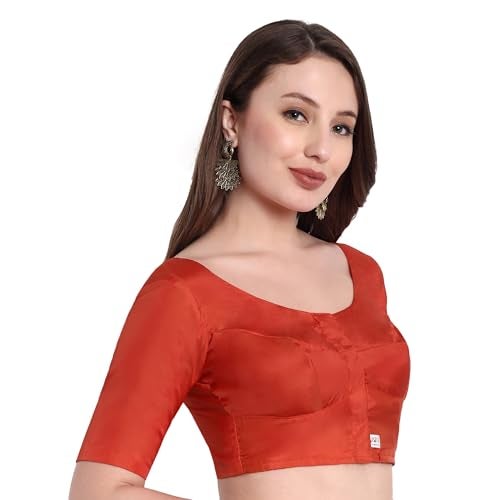 JISB Silk Cotton Saree Blouse, Elbow Length Sleeves, Round Neck, Front Hook and Eye, Plain Design (Red, L) - Image 2