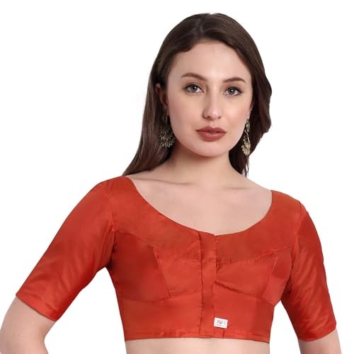 JISB Silk Cotton Saree Blouse, Elbow Length Sleeves, Round Neck, Front Hook and Eye, Plain Design (Red, L) - Image 1