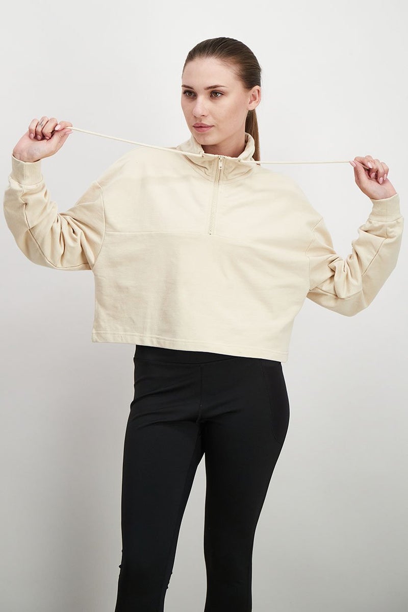 XOXO Women Cropped Plain Long Sleeves Sweater, Beige - Image 1