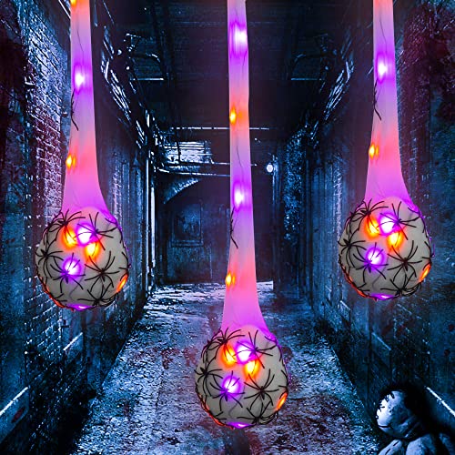 FUNPENY 3.2FT Halloween Decoration Hanging Light Up Spider Egg Sacs 3 Packs, Gift for Halloween Party Favors Games, Sacks Props for Halloween, Birthday Indoor Outdoor Decor, Purple & Orange - Image 1