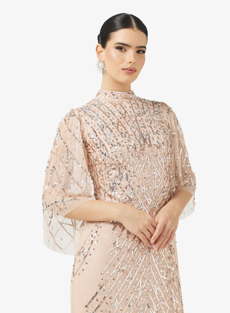 Amelia Rose Flared Sleeve Embellished Midi Dress