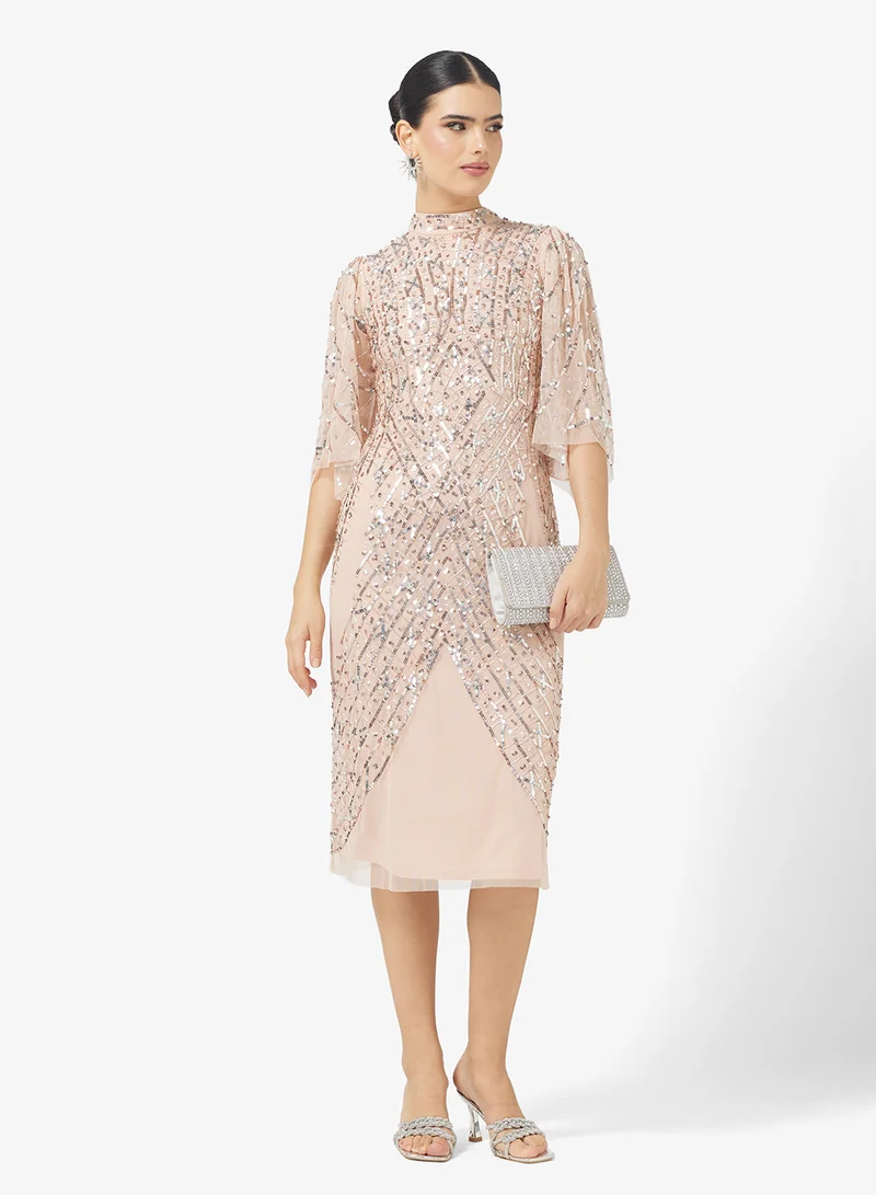 اميليا روز Flared Sleeve Embellished Midi Dress