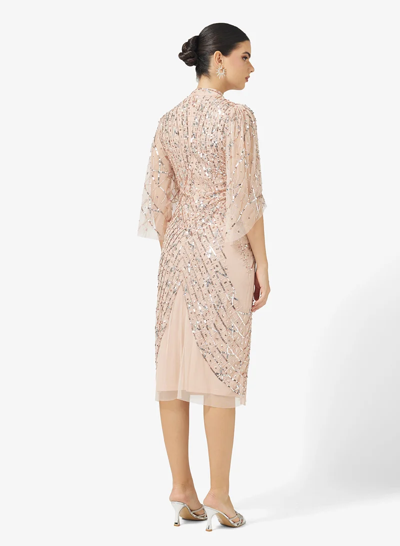 اميليا روز Flared Sleeve Embellished Midi Dress