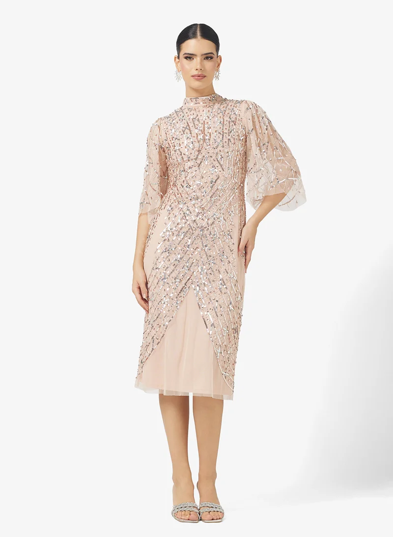 Amelia Rose Flared Sleeve Embellished Midi Dress