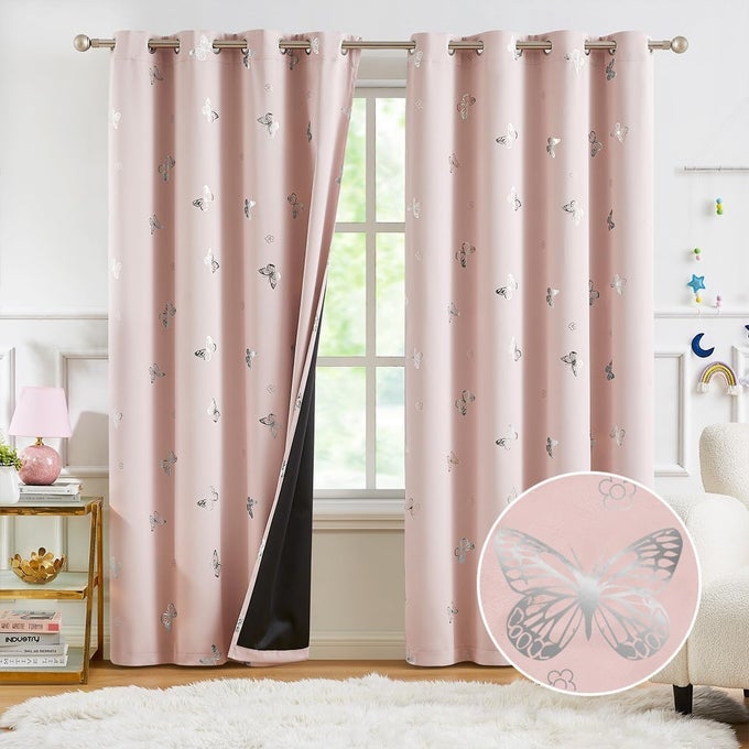 PINK SILVER BUTTERFLY BLACKOUT CURTAINS 84 INCHES LONG FOR BEDROOM KIDS BEDROOM NURSERY FLORAL PRINT WINDOW CURTAINS GROMMET TOP2 PANELS