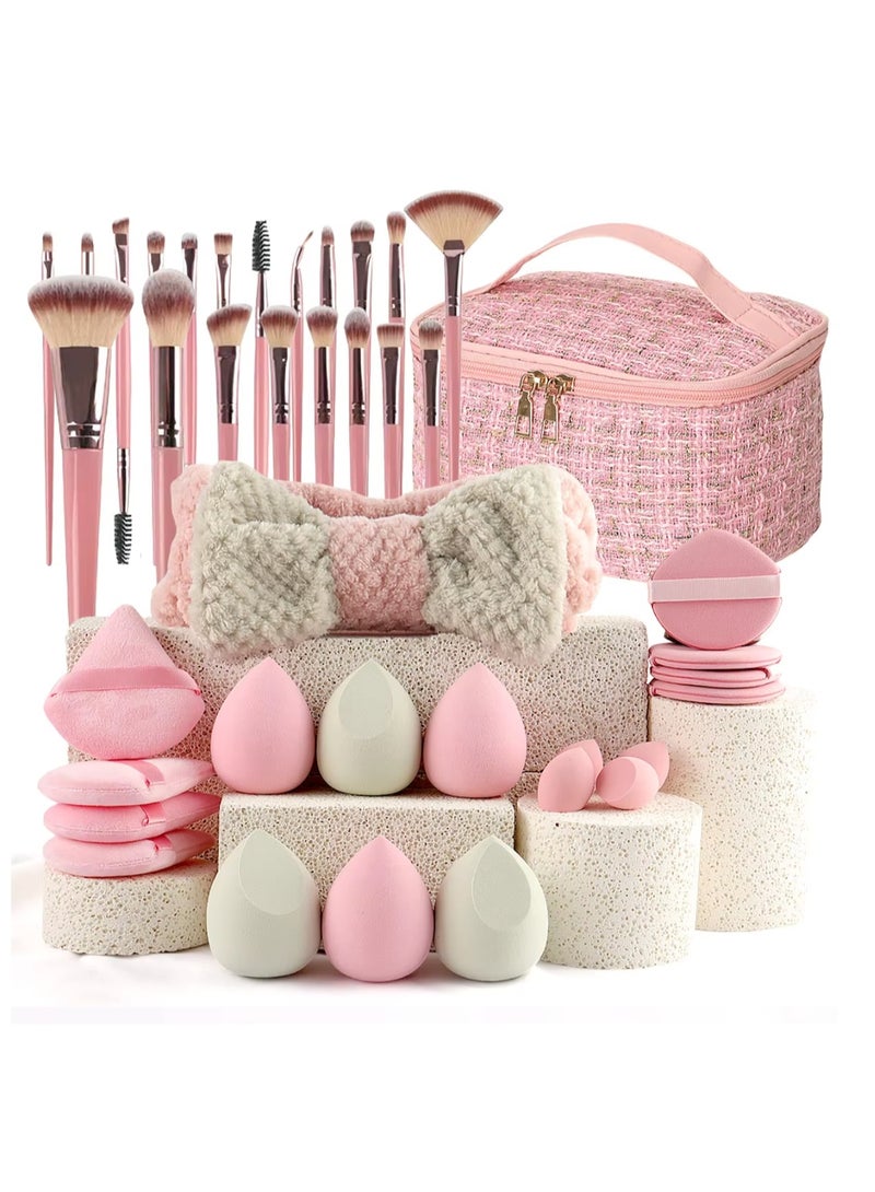 Blume Beauty 40-Piece Beauty Pink Luxury Makeup Brush Set with Storage Bag. Includes 20pcs  Brush Set Makeup Nylon BrushTool Set for Travel & Full Set 18pcs Powder Puff Combination &1pc Fluffy Spa Facial headband. Complete Elegant Beauty tools Travel Makeup Bag. - Image 1