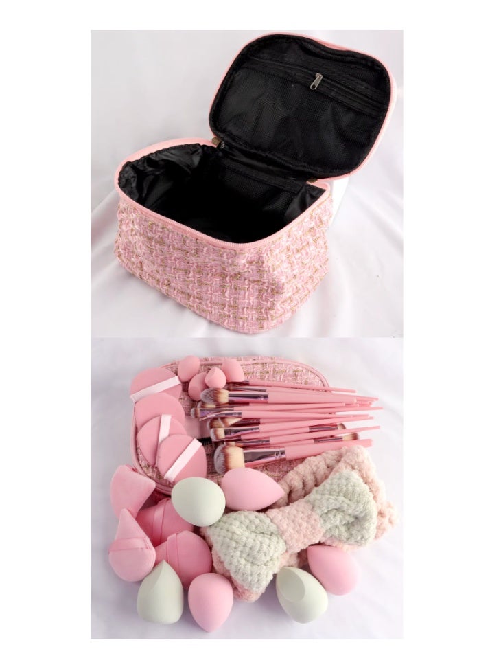 Blume Beauty 40-Piece Beauty Pink Luxury Makeup Brush Set with Storage Bag. Includes 20pcs  Brush Set Makeup Nylon BrushTool Set for Travel & Full Set 18pcs Powder Puff Combination &1pc Fluffy Spa Facial headband. Complete Elegant Beauty tools Travel Makeup Bag. - Image 2