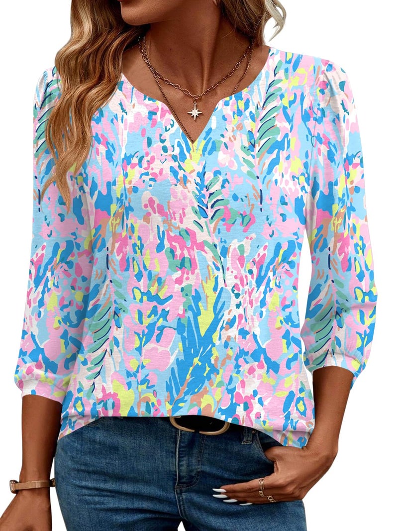 LUYAA Blouses For Women 3/4 Length Sleeve V Neck Puff Sleeve Ladies Dressy Casual Tunic Tops Loose Fit Work Floral Print Shirt Business Summer Trendy T Shirt - Image 1