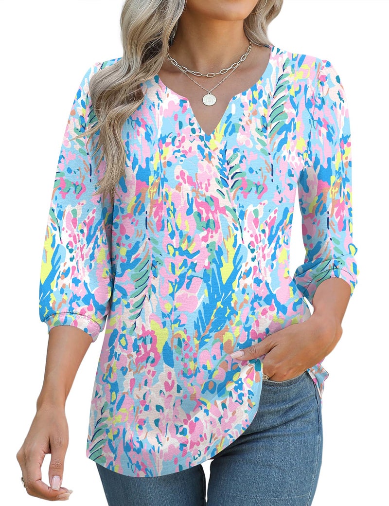 LUYAA Blouses For Women 3/4 Length Sleeve V Neck Puff Sleeve Ladies Dressy Casual Tunic Tops Loose Fit Work Floral Print Shirt Business Summer Trendy T Shirt - Image 4