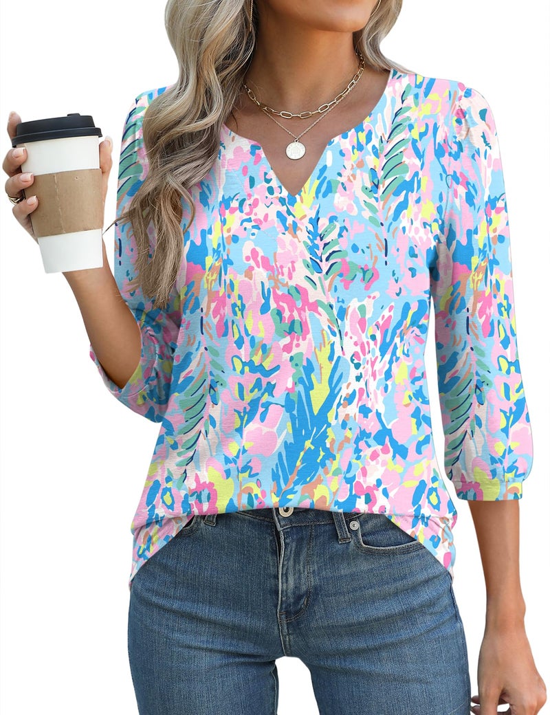 LUYAA Blouses For Women 3/4 Length Sleeve V Neck Puff Sleeve Ladies Dressy Casual Tunic Tops Loose Fit Work Floral Print Shirt Business Summer Trendy T Shirt - Image 2