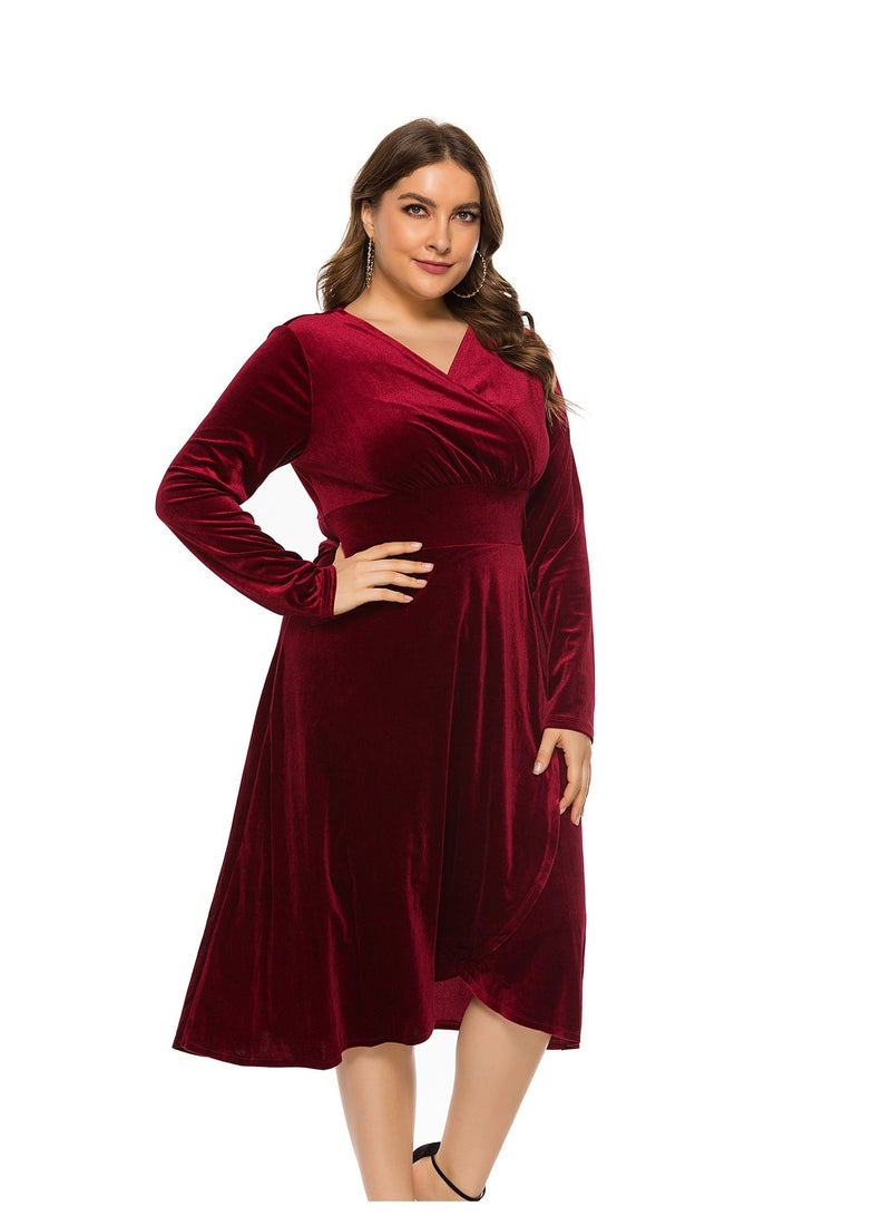 Loquat Women's Autumn V-Neck Long Sleeved Gold Velvet Dress  - Image 2