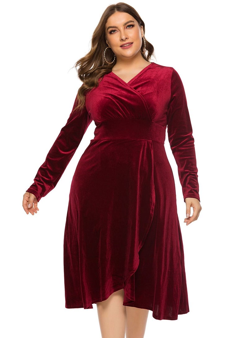 Loquat Women's Autumn V-Neck Long Sleeved Gold Velvet Dress  - Image 1