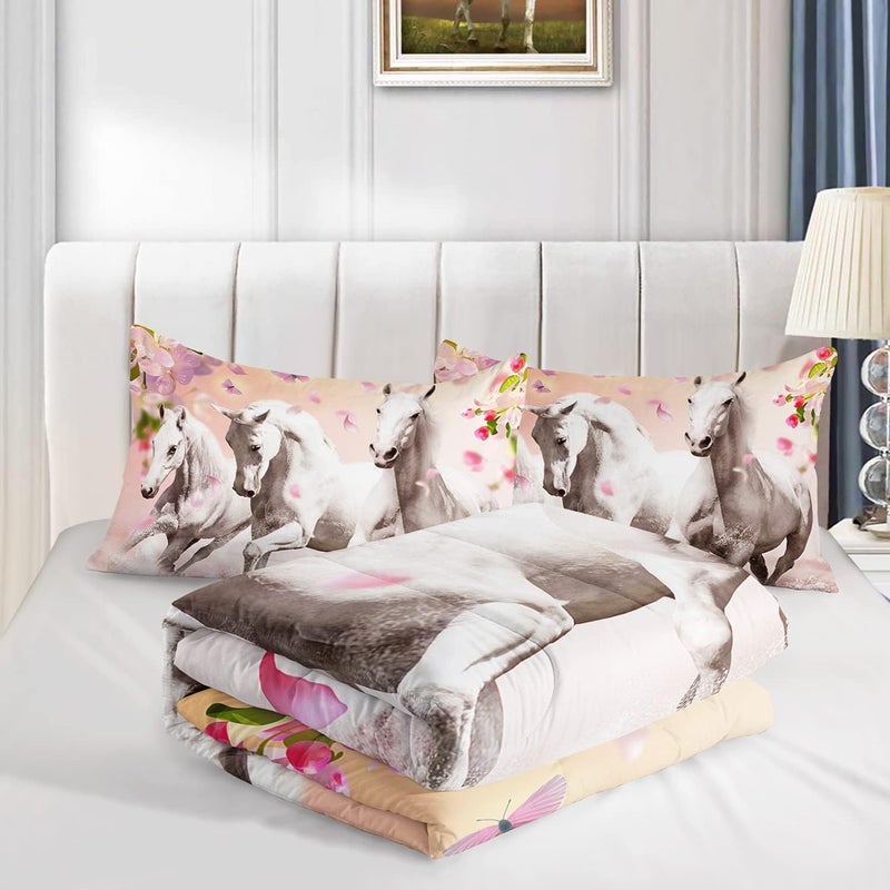HOSIMA Horse Bedding for Girls,Pink Cherry Blossom Printed Twin Comforter Set for Girls Room Decor with 2 Pillowcases,3D Farm Wild Animal Pattern for Girls Bedding Set,Western Bedding Set Theme. - Image 3