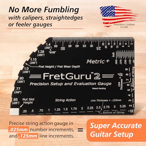 FretGuru METRIC+ 8-in-1 String Action Gauge Guitar Fret Ruler Precision Fret Rocker - Precise CNC Machined, Diamond Honed, Polished Edge Guitar String Height Gauge - Luthier Tool with Leather Case - Image 2