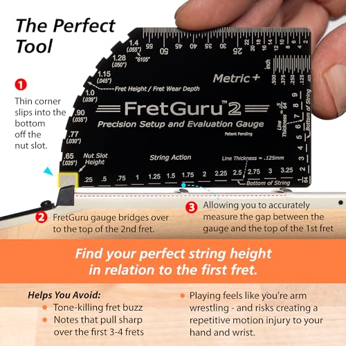 FretGuru METRIC+ 8-in-1 String Action Gauge Guitar Fret Ruler Precision Fret Rocker - Precise CNC Machined, Diamond Honed, Polished Edge Guitar String Height Gauge - Luthier Tool with Leather Case - Image 4