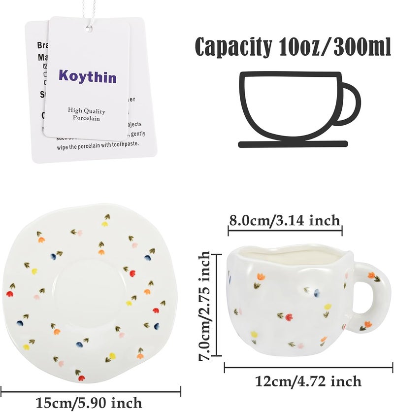 Koythin Ceramic Coffee Mug, Cute Pink Cup for Women with Saucer for Office and Home, Dishwasher and Microwave Safe, 10 oz/300 ml for Latte Tea Milk (Colorful Tulips) - Image 2
