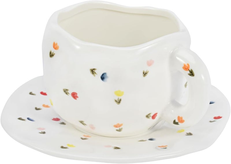 Koythin Ceramic Coffee Mug, Cute Pink Cup for Women with Saucer for Office and Home, Dishwasher and Microwave Safe, 10 oz/300 ml for Latte Tea Milk (Colorful Tulips) - Image 1