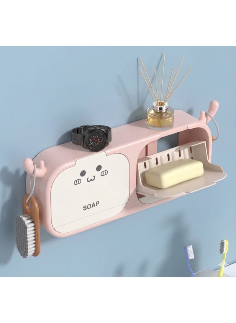 Soap dish with 2 compartments, drawer, and drainer + 2 double-sided adhesive hooks - Image 1