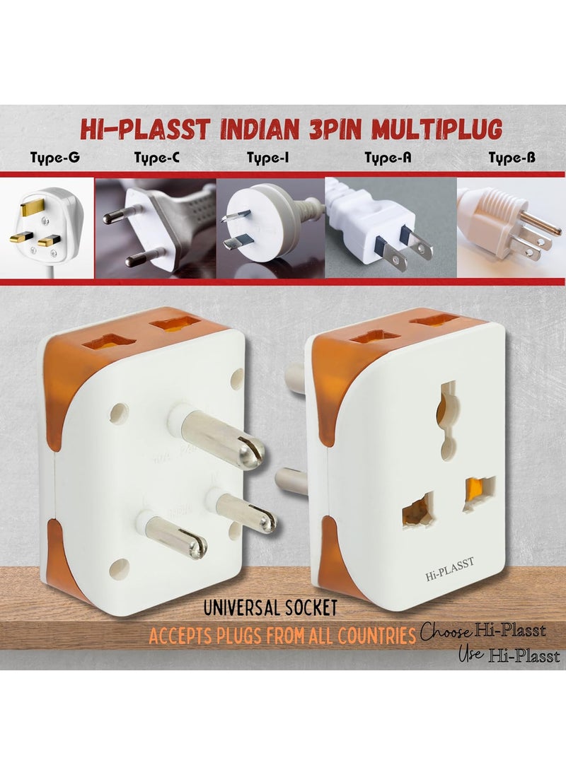 HI PLASST PINS N PLUGS HiPlasst 3Pin MultiPlug Socket Adapter Pack of 2 3pin Connector Universal Travel Charger Adaptor for 2 Pin 3 Pin Plugs US to India Converter Plug Modular 2 Pc Pack  - Image 2