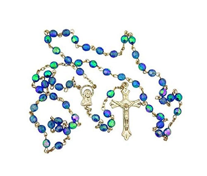 LIGHT BLUE AURORA BOREALIS STYLE GLASS 6MM BEAD ROSARY WITH VIRGIN MARY CENTER