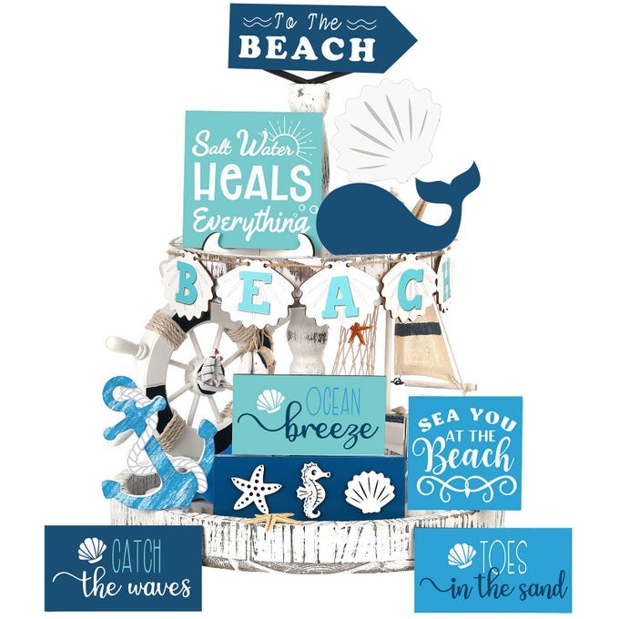 15 PIECES SUMMER BEACH TIERED TRAY DECOR SET FARMHOUSE OCEAN WOOD SIGN RUSTIC BEACH TIERED TRAY DECORATIONS FOR OUTDOOR KITCHEN TABLE SHELF