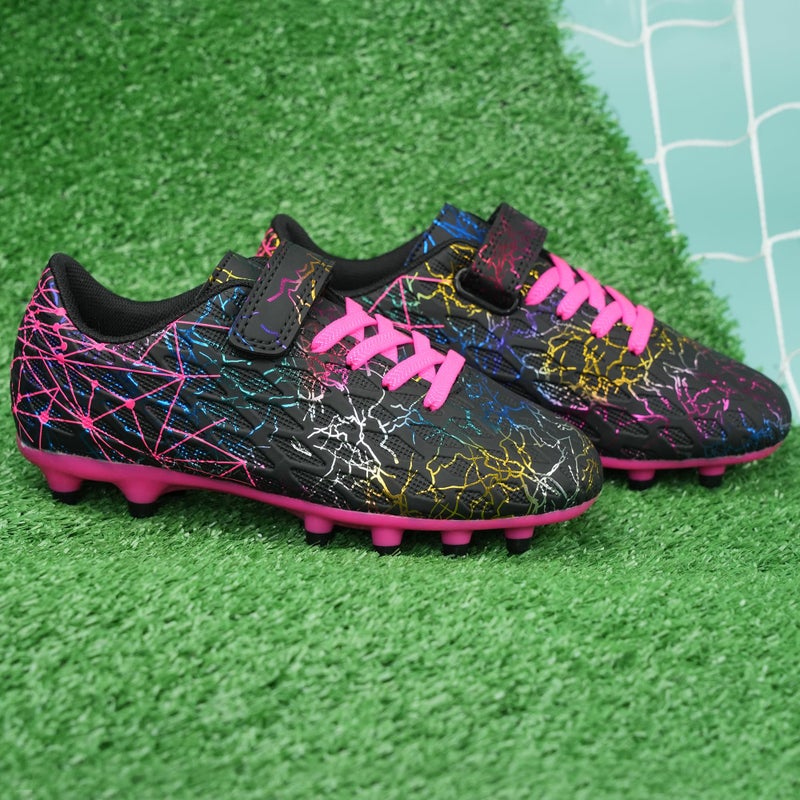 brooman Kids Firm Ground Soccer Cleats Girls Football Cleats with Shin Guards and Soccer Socks (11,Black Fuchsia) - Image 3