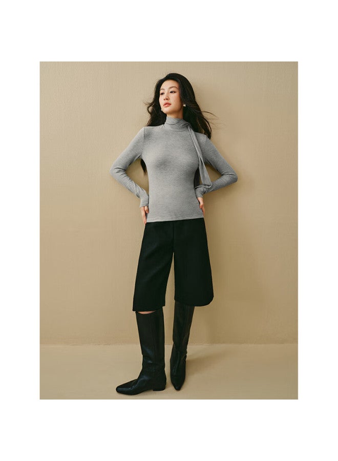 Inman Detachable Ribbon Stand Collar Brushed Cotton T-shirt  Winter Women's Slim Fit Long Sleeve Top Heather Gray XL - Image 2