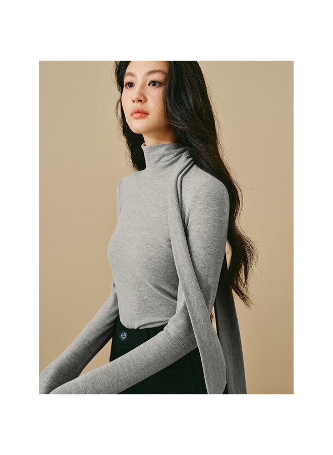 Inman Detachable Ribbon Stand Collar Brushed Cotton T-shirt  Winter Women's Slim Fit Long Sleeve Top Heather Gray XL - Image 1