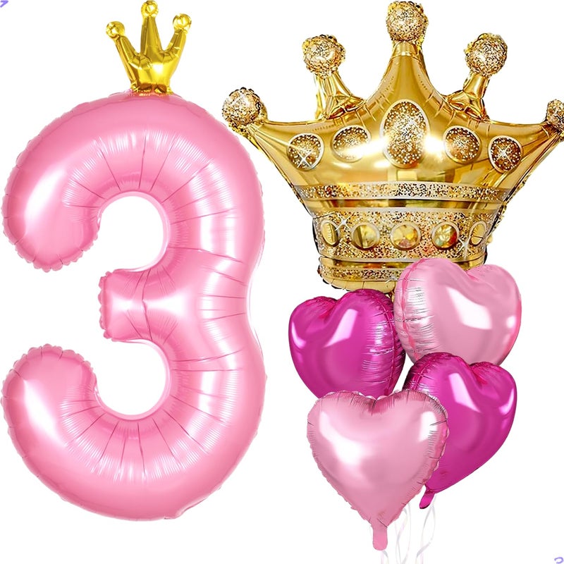 Florisland Princess 3rd Birthday Party Decorations, 40 inch Large Pink Crown 3 Balloon for Girlsâ€™ Princess Royal Decorations, Party Supplies Favors, Anniversaries(Number 2 Foil Mylar Birthday Balloon) - Image 1