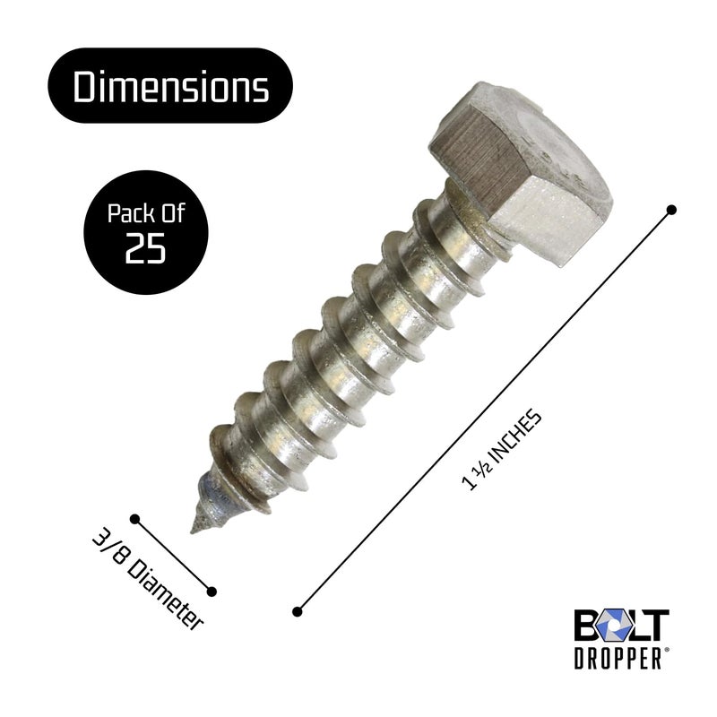 Bolt Dropper 3/8" x 1-1/2" Stainless Hex Head Lag Bolt Screws, (25 Pack), 304 (18-8) Stainless Steel Coach Bolts/Large Screws for Wood with Plain Finish by - Image 3