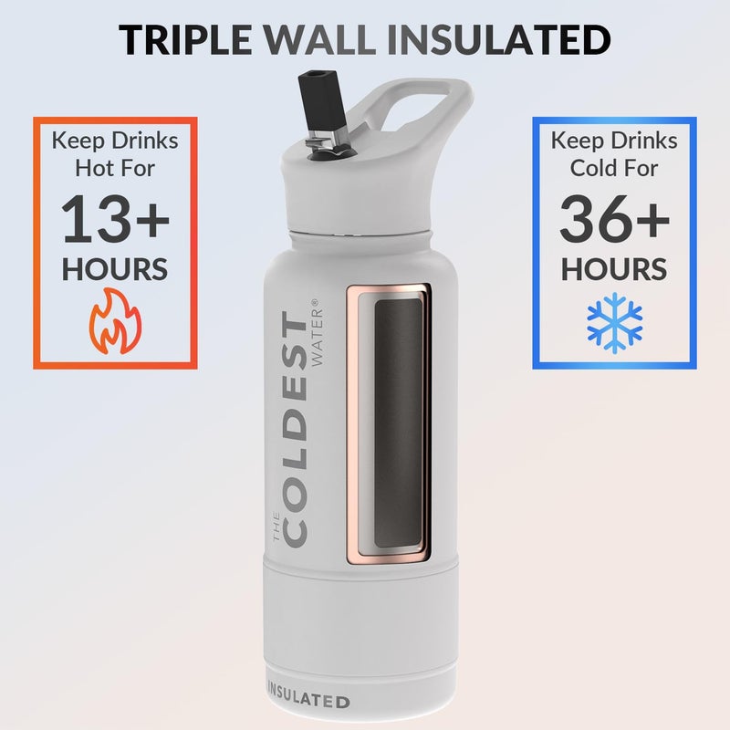 THE COLDEST WATER زجاجة مياه رياضية باردة مع غطاء قشة معزولة بالفراغ من الفولاذ المقاوم للصدأ زجاجات حرارية قابلة لإعادة الاستخدام مقاومة للتسرب للرياضة والصالة الرياضية (أبيض ملحمي) - Image 2