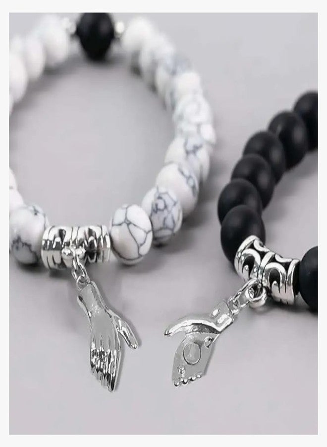 Shree Ju™ Exclusive Trendy and Stylish Black & White Magnetic Holding Hands Couple Bracelets Beaded Stone Onyx Stretchable Wrist Band Gift Jewellery For Men Women Unisex - Image 3