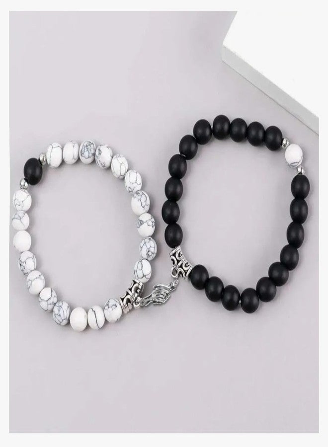 Shree Ju™ Exclusive Trendy and Stylish Black & White Magnetic Holding Hands Couple Bracelets Beaded Stone Onyx Stretchable Wrist Band Gift Jewellery For Men Women Unisex - Image 5